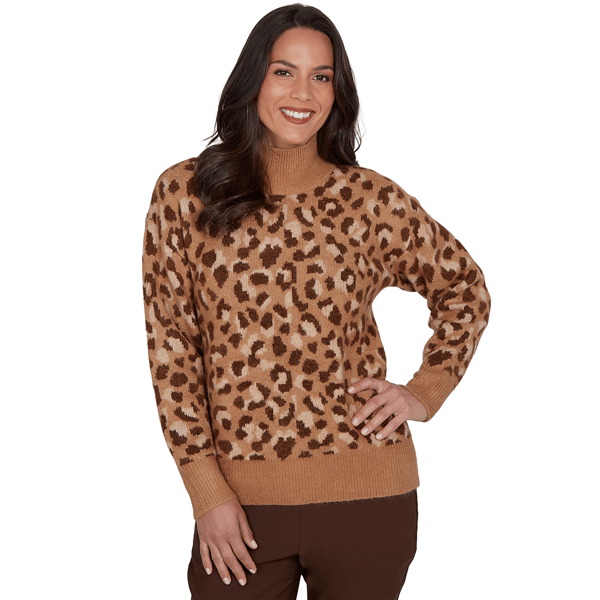 Womens Hearts of Palm Berry Fabulous Mock Neck Leopard Sweater