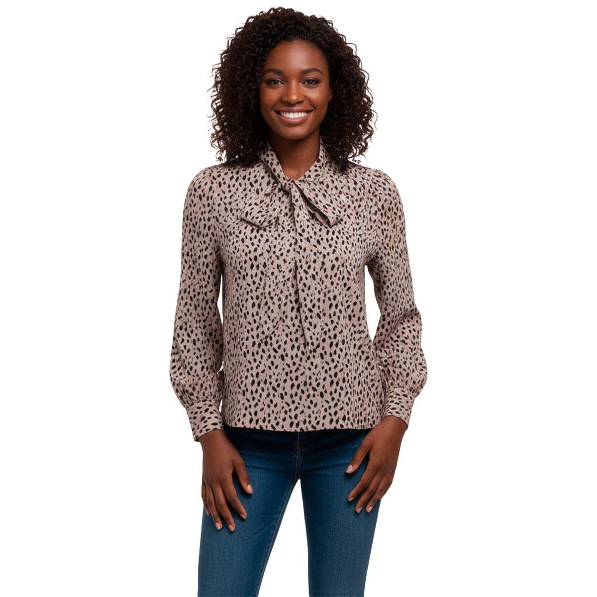 Womens Adrianna Papell Long Sleeve Tie Neck Dot Blouse