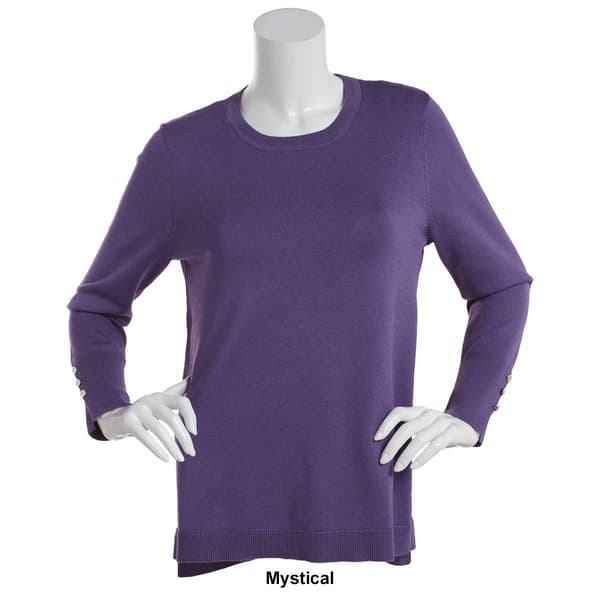 Plus Size Retrology Crew Neck Button Sleeve Side Slit Sweater