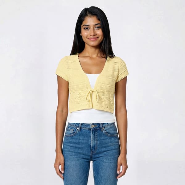 Juniors Pink Rose Short Sleeve Pointelle Tie Front Cardigan - image 