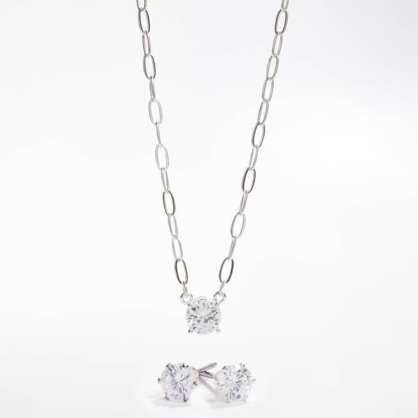 Silver-Tone CZ Paperclip Link Necklace & Earring Set - image 