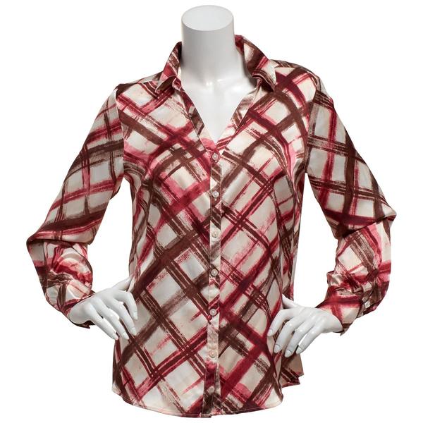 Juniors A. Byer Plaid Satin Button Front Blouse
