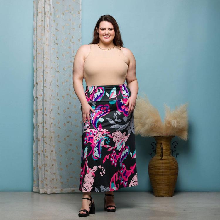 Plus Size 24/7Comfort Apparel Pink Paisley A Line Maxi Skirt