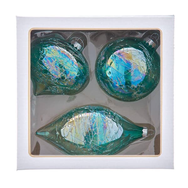 Kurt Adler 80MM Glass Iridescent Green 3pc. Ornament Set