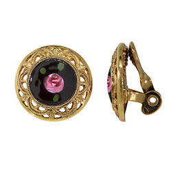 1928 Gold Tone Black Pink Flower Decal Stone Clip On Earrings