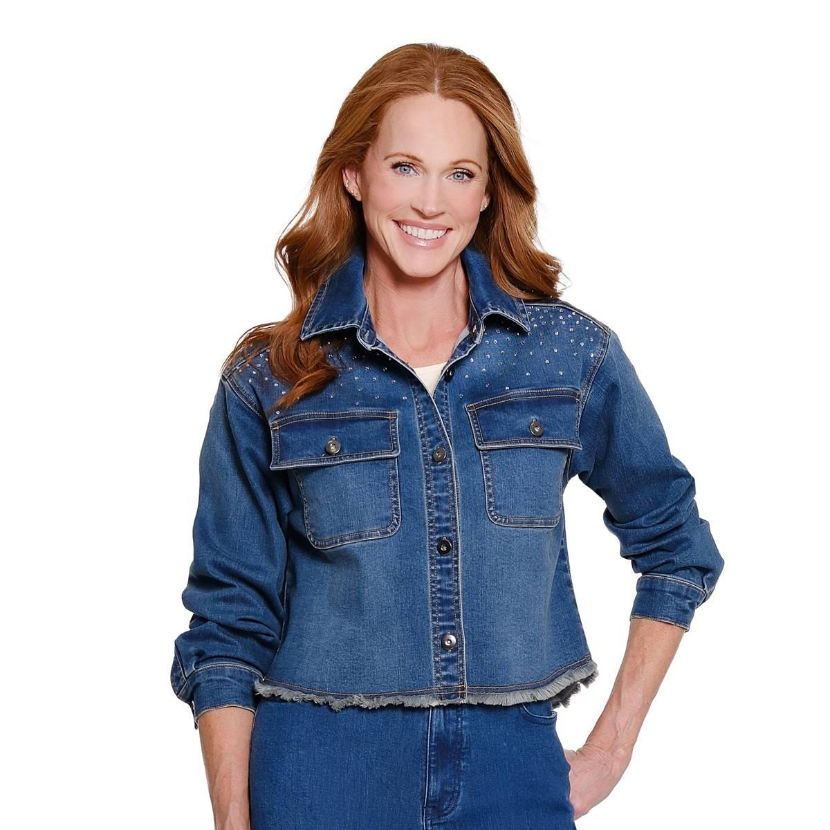 Womens Multiples Long Cuff Sleeve Heatseal Denim Fringe Jacket