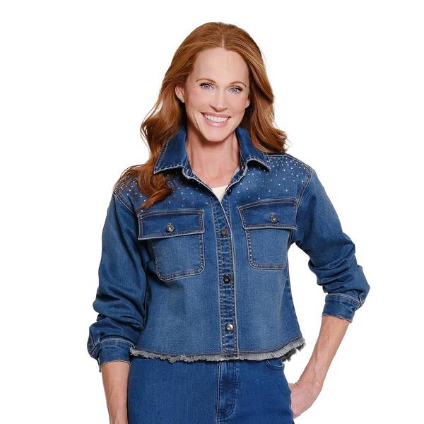 Petites Multiples Long Cuff Sleeve Heatseal Denim Fringe Jacket - image 