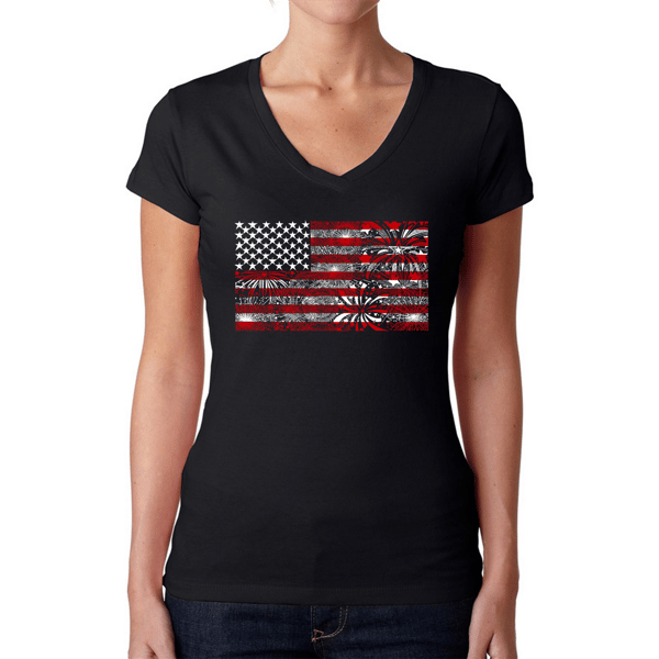 Womens LA Pop Art Fireworks American Flag Word Art V-Neck T-Shirt - image 