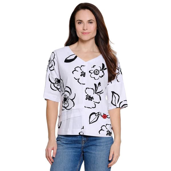 Womens Ali Miles Elbow Sleeve V Neck Floral Blouse - image 