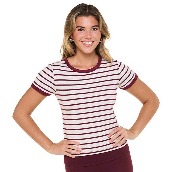 Juniors Pink Rose Stripe Ringer Tee - image 