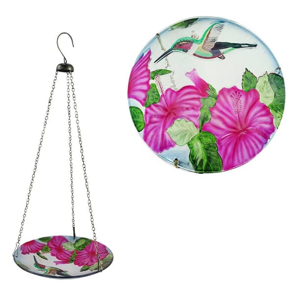 Alpine 10in. Red Flowers & Hummingbird Glass Hanging Birdfeeder - image 