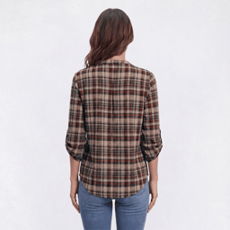 Womens Notations 3/4 Sleeve Plaid Henley Pleated Blouse