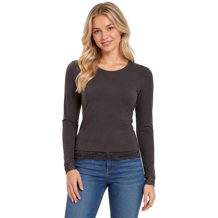 Juniors Derek Heart Long Sleeve Brushed Lace Hem Tee