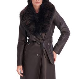 Womens Kenneth Cole® Faux Leather Trench Coat w/ Faux Fur Collar