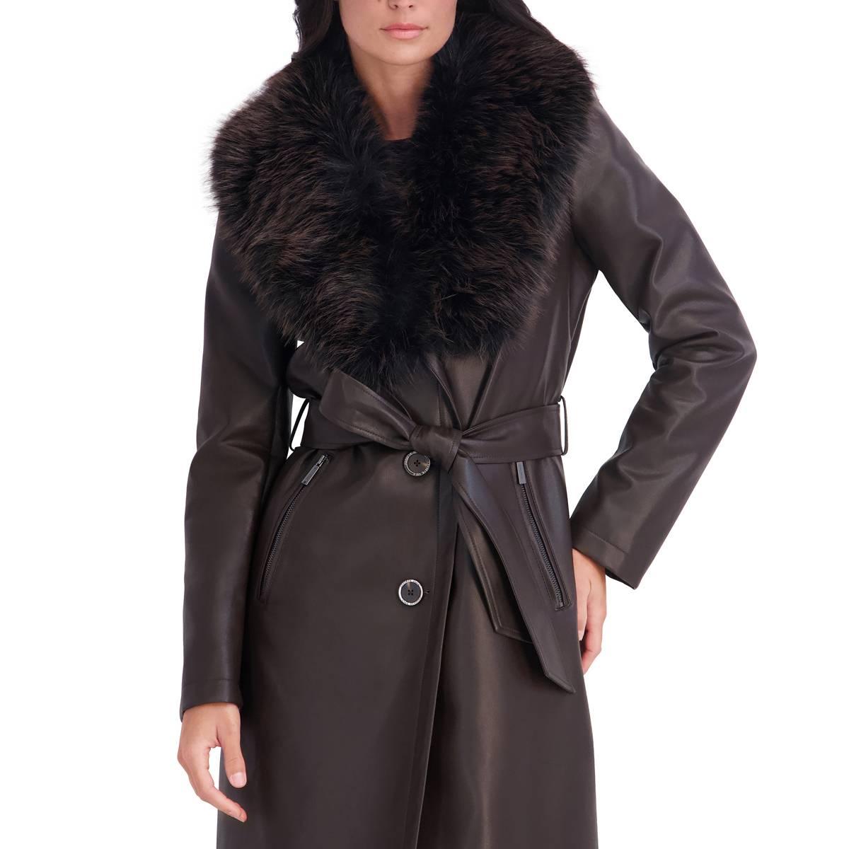 Womens Kenneth Cole® Faux Leather Trench Coat w/ Faux Fur Collar
