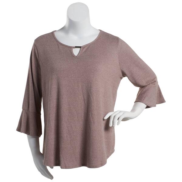 Plus Size Notations 3/4 Ruffle Sleeve Solid Hacci Keyhole Top - image 