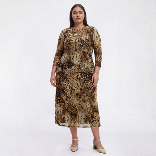 Plus Size Vivid Aura 3/4 Sleeve Feather Mesh Midi Dress