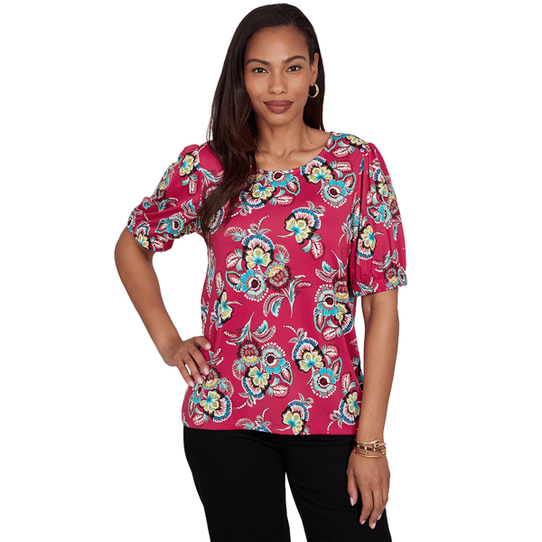 Womens Ruby Rd. Tropical Noir Etched Floral Puff Print Tee - image 