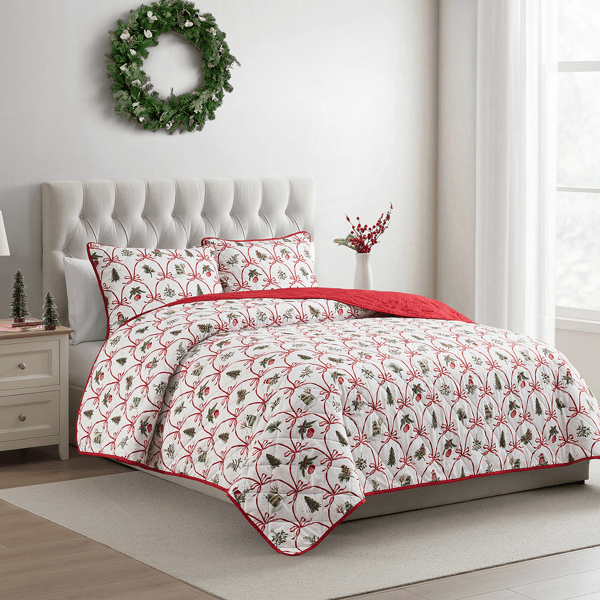 VCNY Home Multi Christmas Bow Microfiber Quilt Set - image 