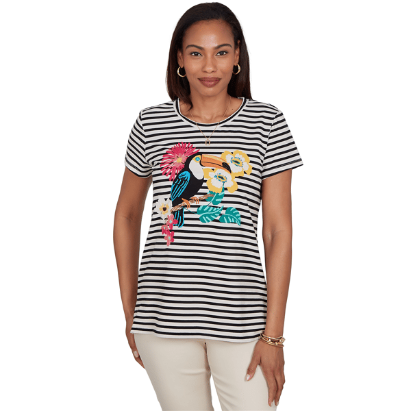 Womens Ruby Rd. Tropical Noir Short Sleeve Toucan Stripe Tee