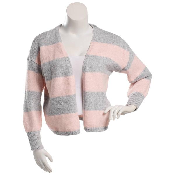 Juniors Pink Rose Drop Shoulder Open Front Cardigan- Stripes - image 