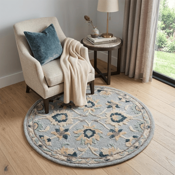 HomeRoots Beige & Blue Wool Floral Hand-Woven Round Rug - image 