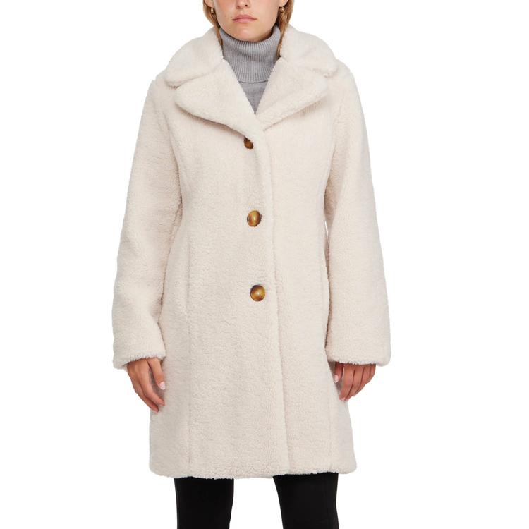 Womens Ellen Tracy Sherpa Teddy Coat with Notch Collar