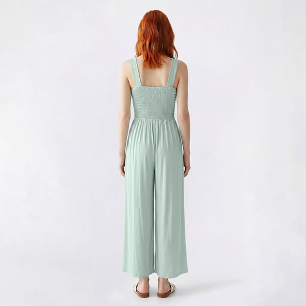 Juniors No Comment Wide Strap Smock Bodice Wide Leg Jumpsuit