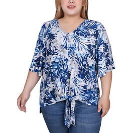 Plus Size NY Collection Elbow Sleeve Tie Front Crepe Top-Navy