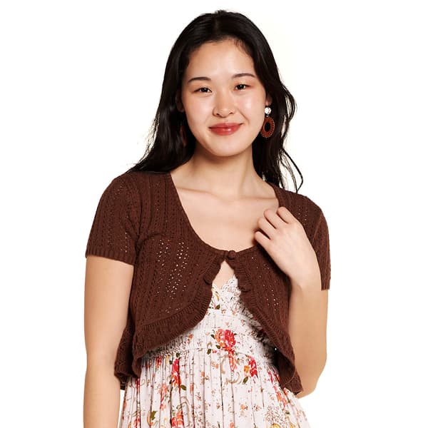 Juniors No Comment Short Sleeve Ruffle Button Front Cardigan - image 