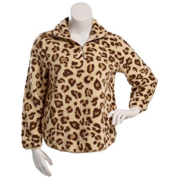 Juniors Pink Rose Sherpa Leopard Quarter Zip Pullover - image 