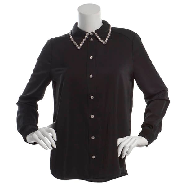 Womens Adrianna Papell Long Sleeve Rhinestone Button Front Blouse