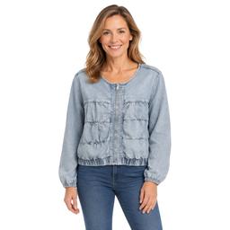 Womens Baccini Long Sleeve Denim Pleated Collarless Jacket