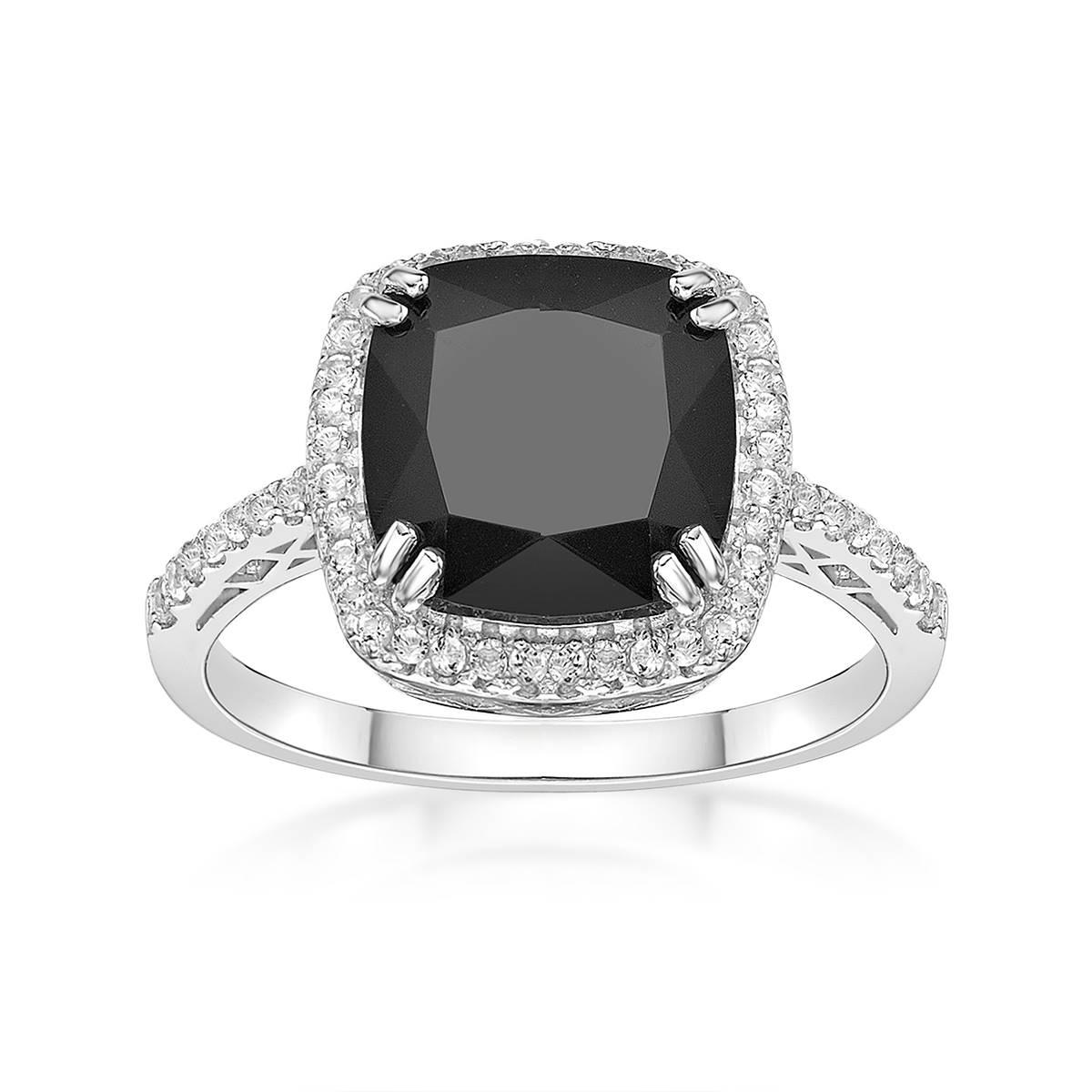 Gemminded Sterling 10mm Cushion Onyx & White Topaz Ring
