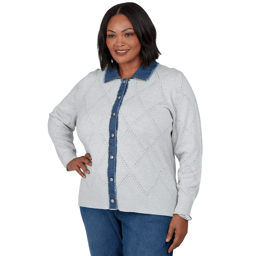 Plus Size Alfred Dunner Ann Arbor Denim Trim Rhinestone Cardigan