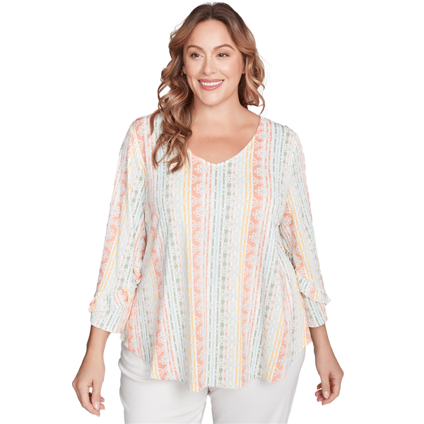 Plus Women''s Tropical Stripe Puff Print V-Neck Top