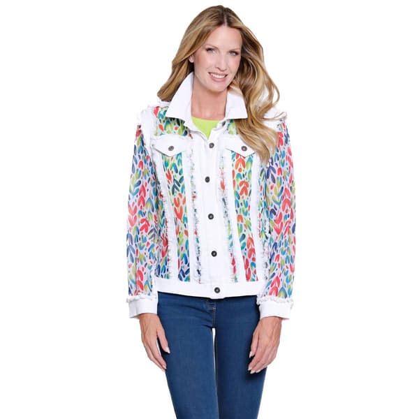 Womens Multiples Long Sleeve Happy Leaves Printed Denim Jacket - image 