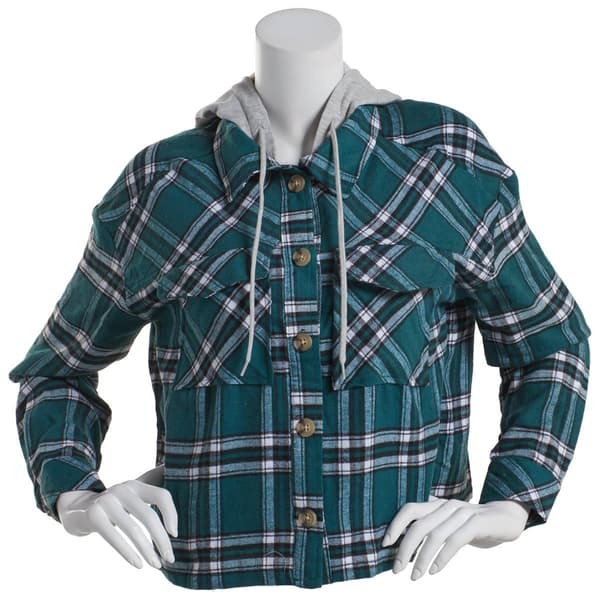 Juniors No Comment Plaid Box Fit Flannel Hooded Jacket
