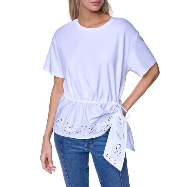 Womens Nautica Solid Short Sleeve Mixed Media Eyelet Knit Top