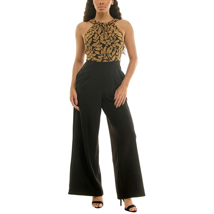 Womens Nina Leonard Sleeveless Leaf Halter Neck Jumpsuit