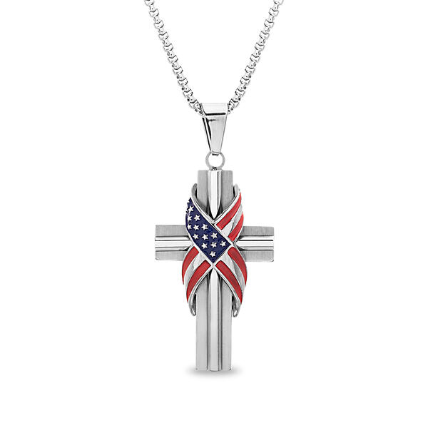 Mens Creed Stainless Steel American Flag Cross Necklace - image 