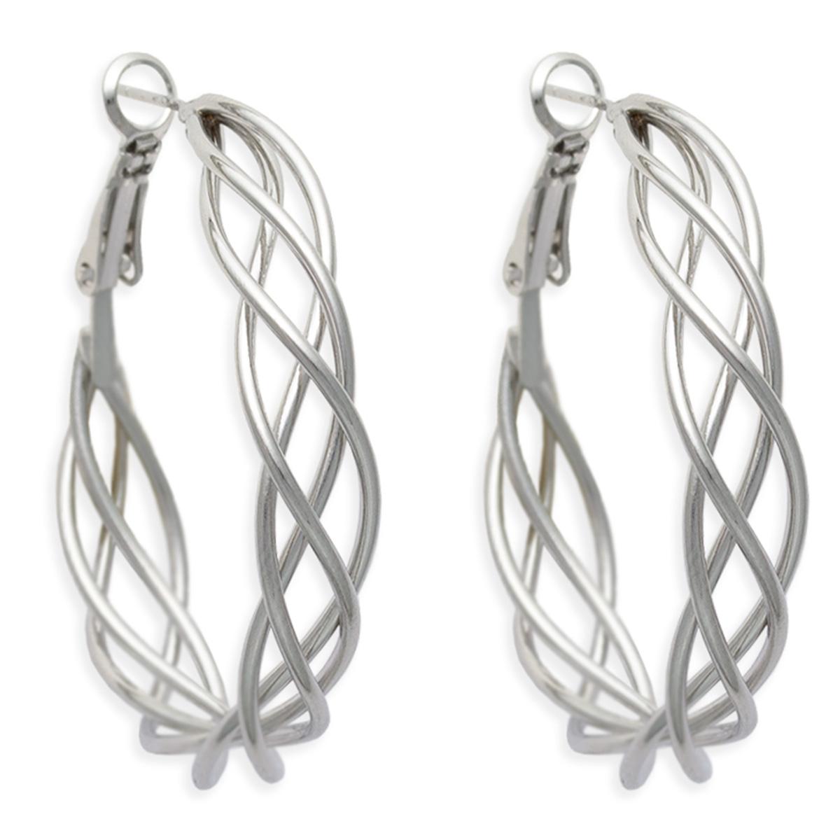 Freedom Silver-Tone Clutchless Twisted Woven Hoop Earrings
