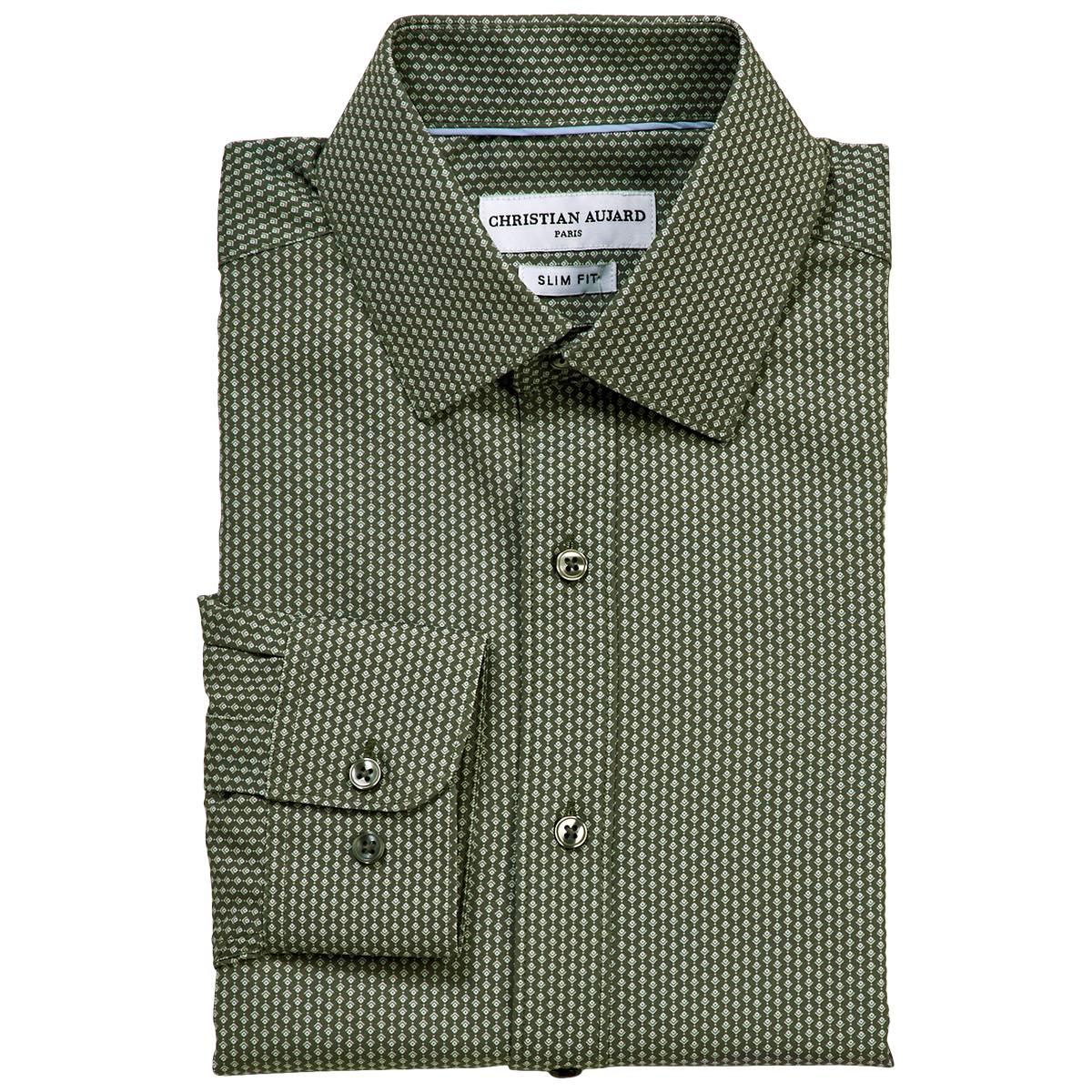 Mens Christian Aujard Slim Fit Geometric Dress Shirt - Dark Olive
