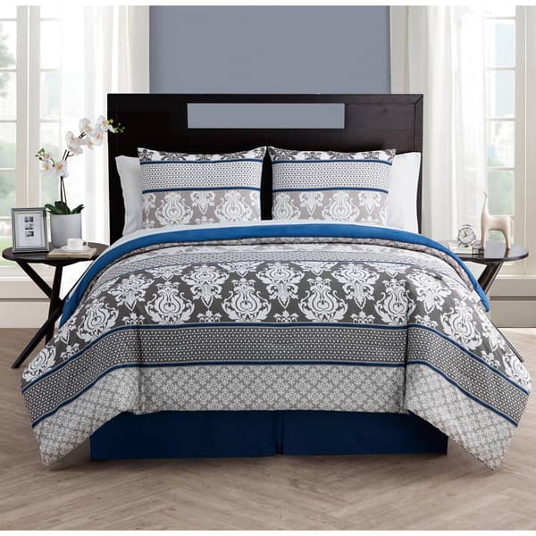 VCNY Home Beckham Blue Damask Queen Bed-in-a-Bag Comforter Set