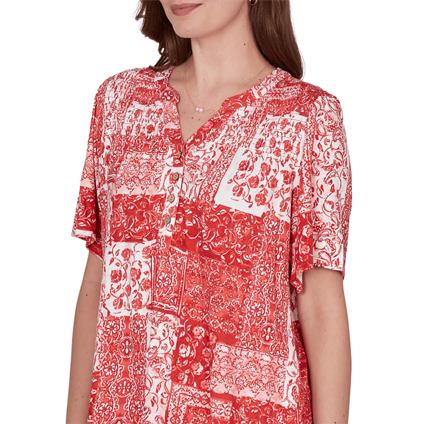 Womens Ruby Rd. French Riviera Elbow Sleeve Patchwork Henley Tee