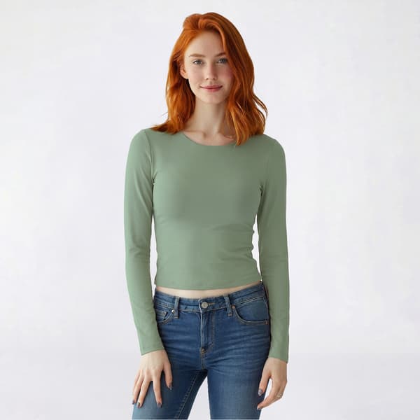 Juniors Pink Rose Long Sleeve Double Layer Contour Tee - image 