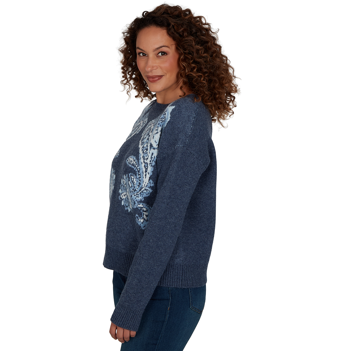Womens Skye’s the Limit Icy Blue Sparkle Paisley Sweater