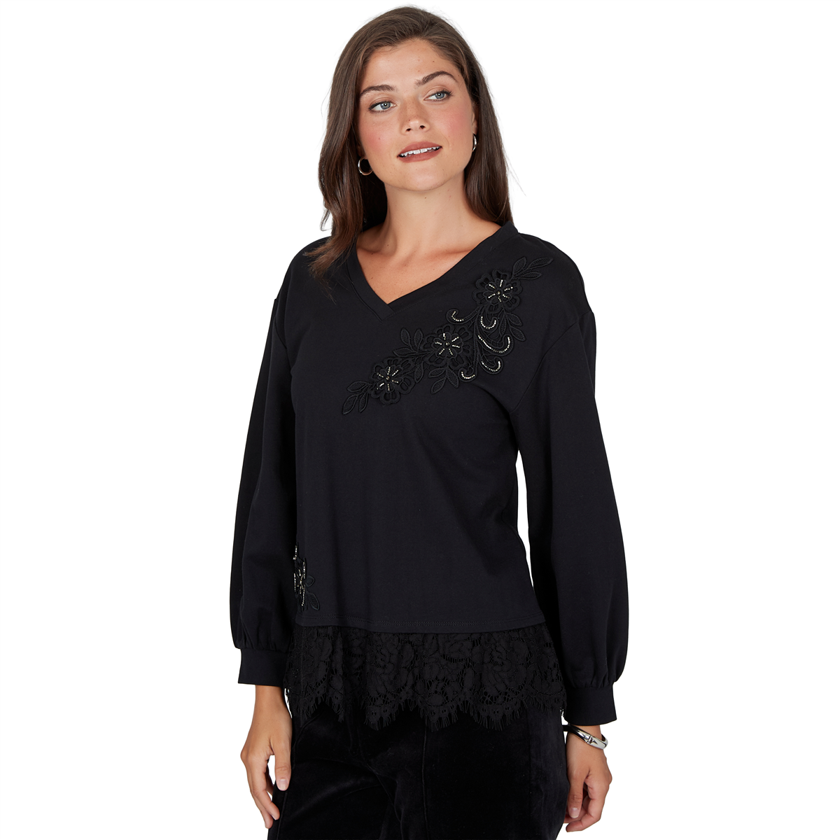 Petite Ruby Rd. Mysterious Romance Lace Trim V-Neck Blouse