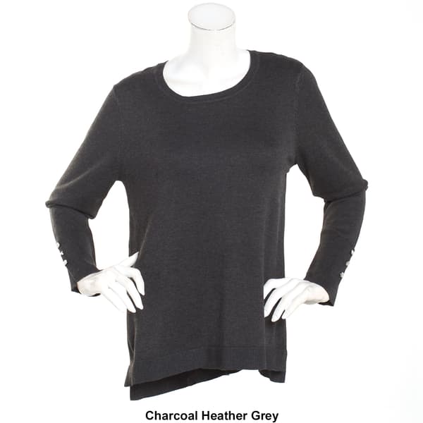 Plus Size Retrology Crew Neck Button Sleeve Side Slit Sweater