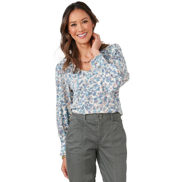 Petite Democracy Long Cuff Sleeve V-Neck Floral Blouse - image 